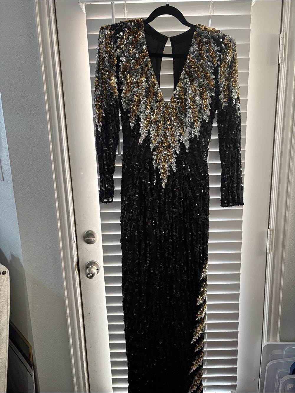SHOMAX ORIGINALS Black Sequin Evening Gown with Gold & Silver Accents SIZE 36/S